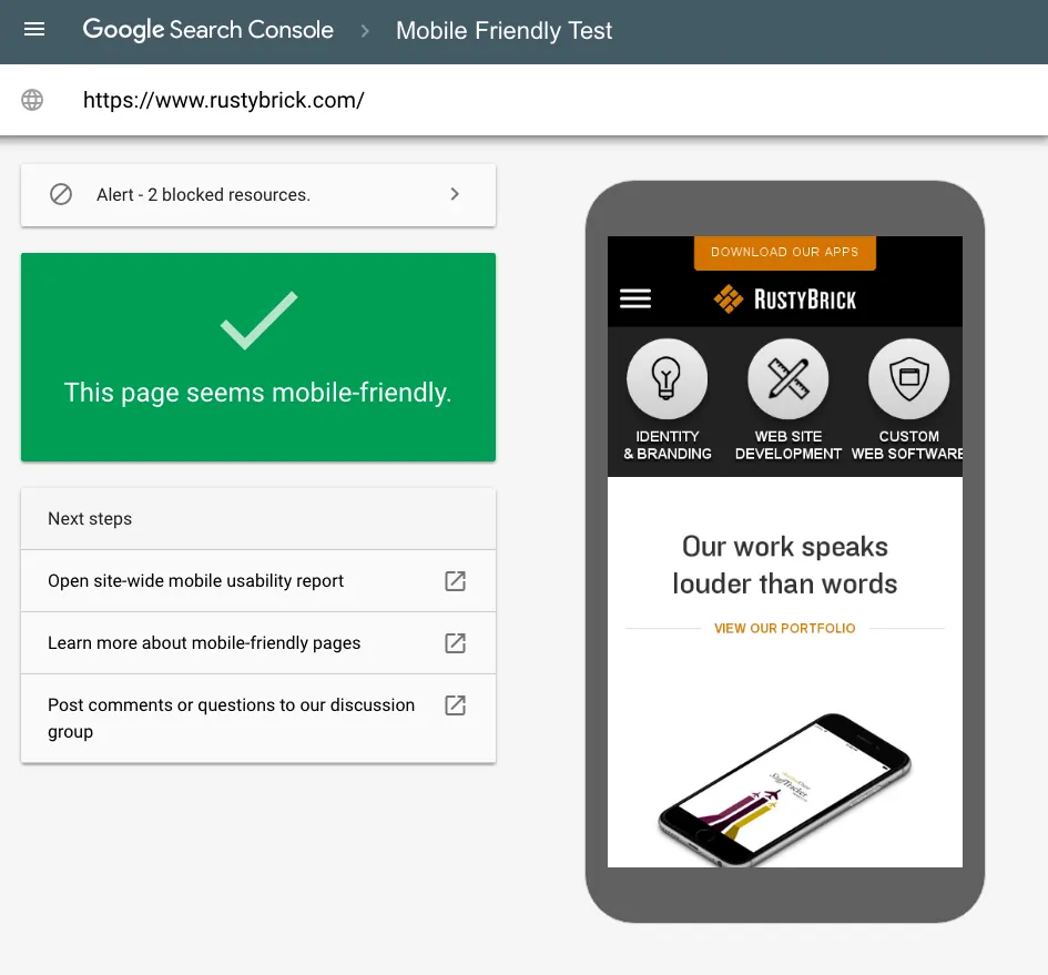 Google Mobile-Friendly Test dashboard