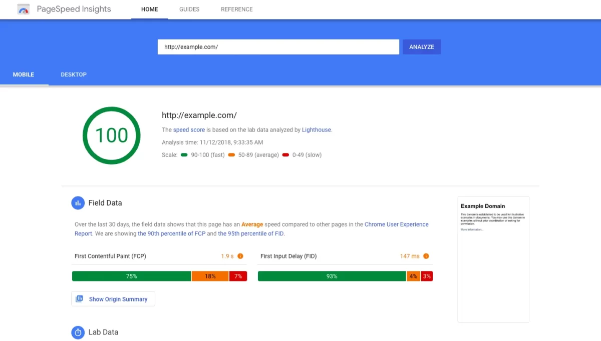 Google PageSpeed ​​Insights dashboard